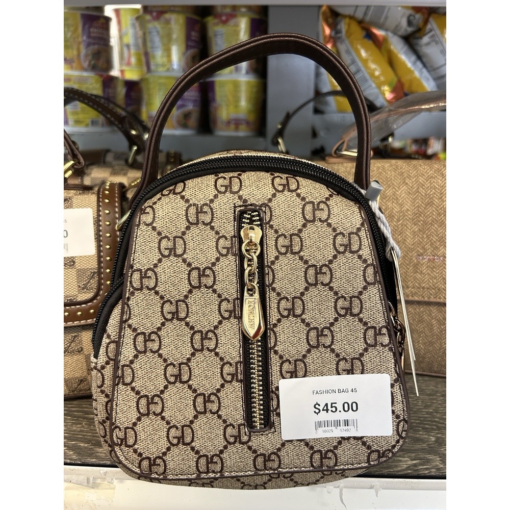 Beige Brown Monogram Small Top Handle Crossbody Bag Gold Zip, Detachable Strap